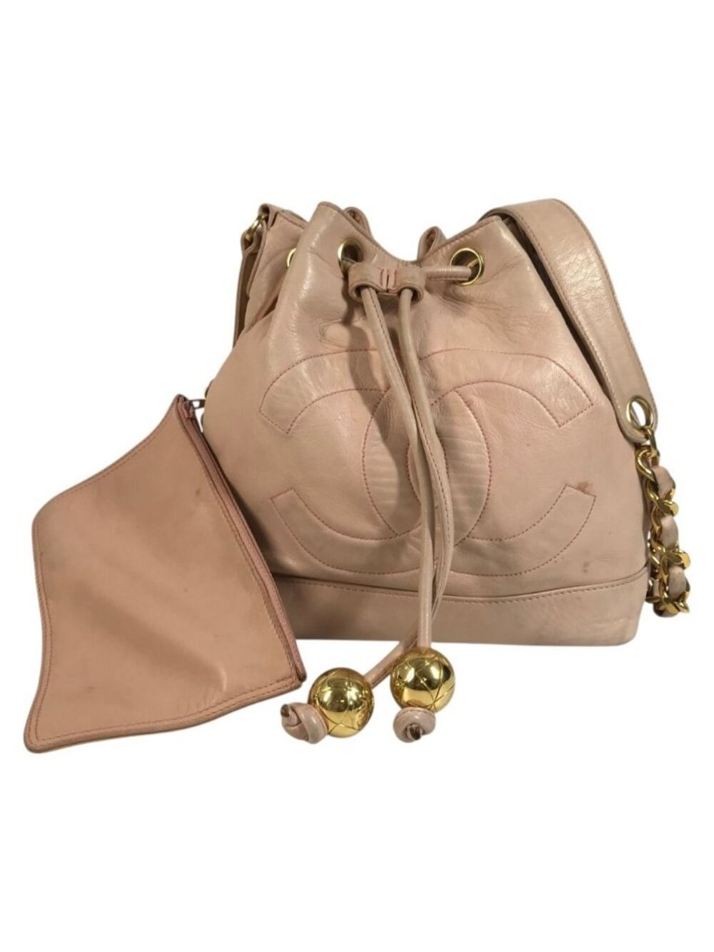 Chanel Shoulder Bag CC Logo Drawstring Leather Pink